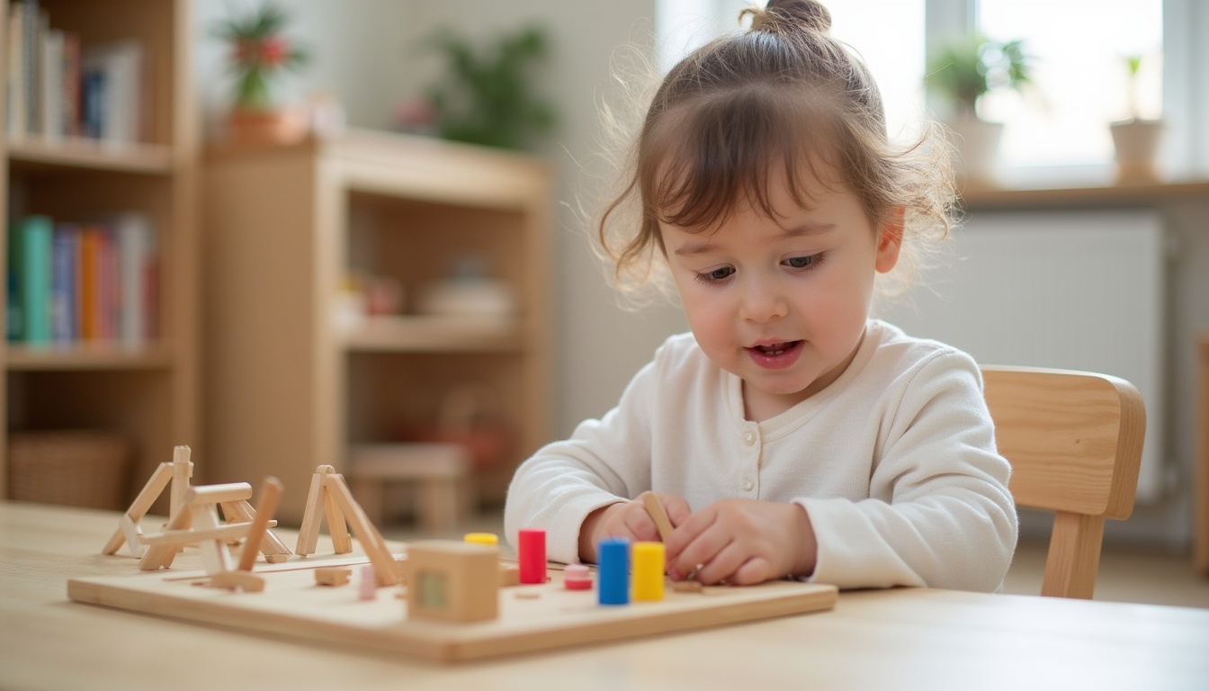Copii jucându-se într-o grădiniță Montessori luminoasă și bine organizată, cu materiale specifice Montessori