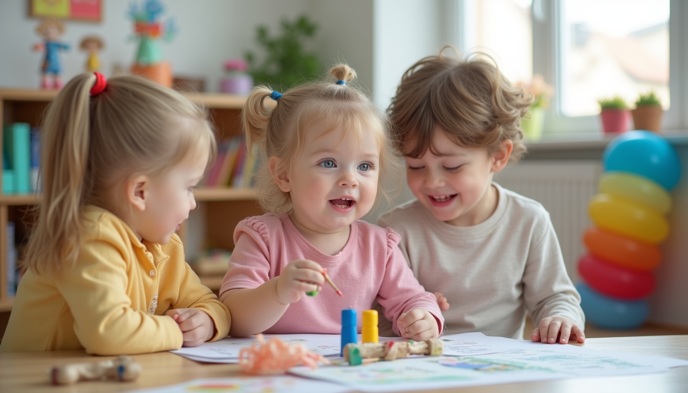 Copii fericiți jucându-se într-o gradinita privata Ploiesti, ilustrând un mediu educativ stimulant.