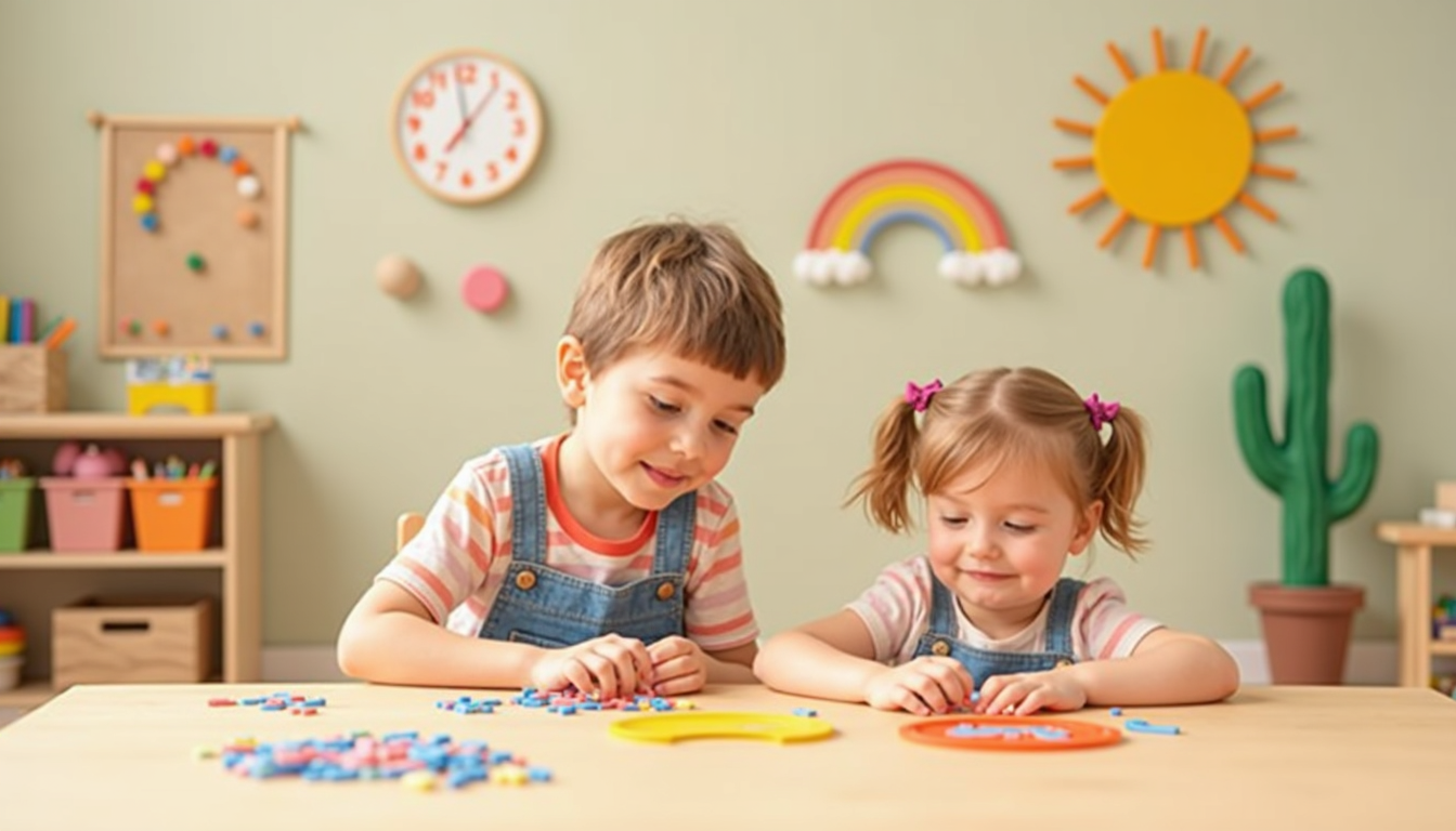 Copii fericiți învățând și explorând într-o clasă Montessori, într-o școală din Brașov